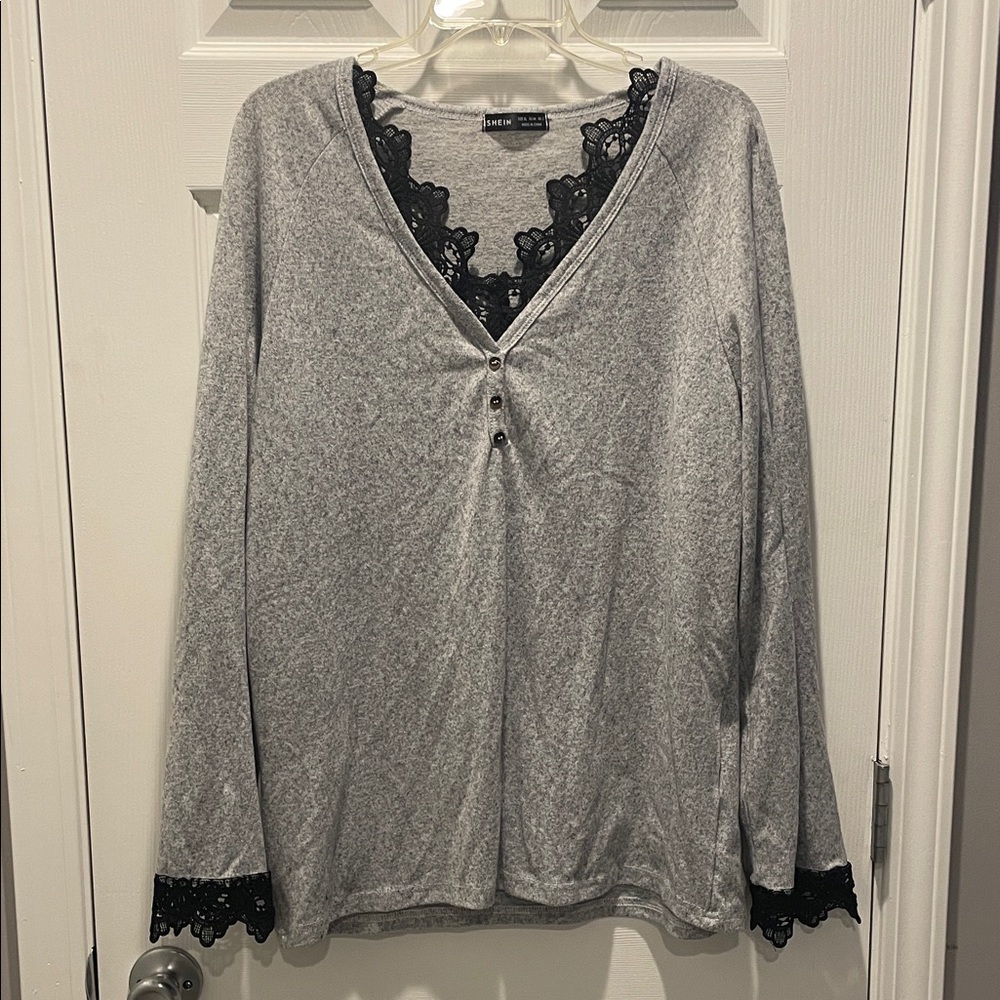Shein Gray Lace-Trim V-Neck Long Sleeve Top